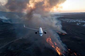A captivating view of a passenger jet navigating through thick smoke and flames as it approaches a fiery landscape, illustrating the tension between aviation and nature's wrath.