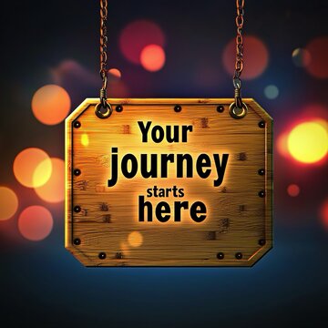 Un cartello luminoso appeso a catene con la scritta incentivante "Your journey starts here". Sfondo con luci bokeh sfocate di vari colori.