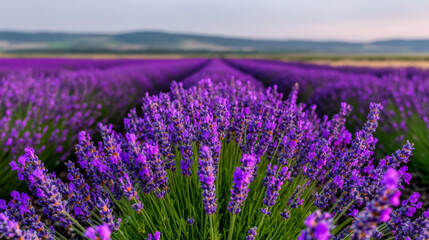 Fototapeta premium Fields of blooming lavender stretch under a vibrant sky at sunset