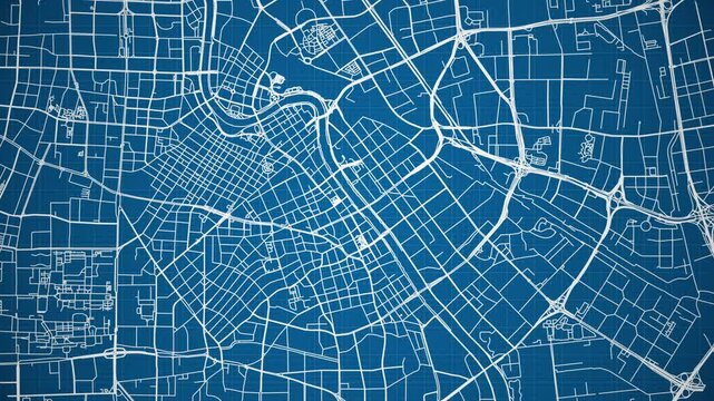Ink reveal animation of Rome city, Italy, grid map. Aerial top view. Blueprint style. White lines with blue background. 4K Seamless loop.