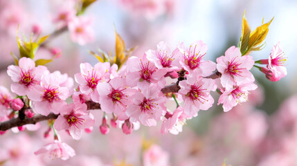 Fototapeta premium Cherry blossoms in full bloom during spring in a serene garden setting