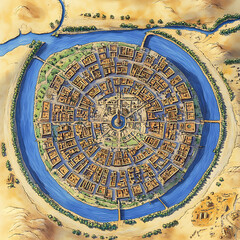 Fototapeta premium Aerial View of an Ancient Circular City Surrounded by a River