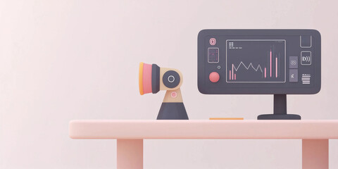 Stylish desk setup featuring a monitor and microphone for analysis.