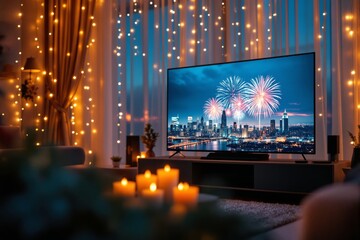 Cozy living room with a TV showcasing fireworks and warm ambient lighting.
