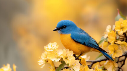 Obraz premium Vibrant blue bird perched on blooming golden flowers in springtime