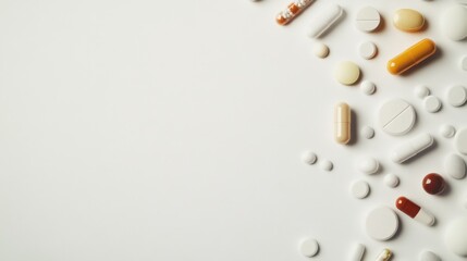 A close-up view of various medications arranged on a clean, white surface, Minimalist style