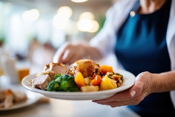 A thoughtful caregiver serves a hearty meal to a satisfied elderly client, highlighting the importance of nutrition and emotional connection in caregiving.