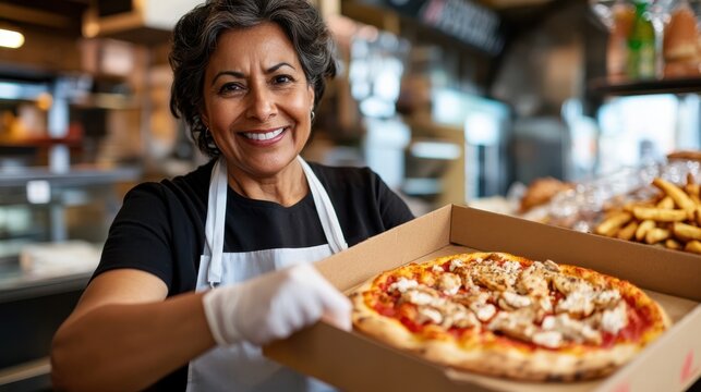 A smiling woman in a pizza shop proudly holds a box of freshly made pizza, representing the vibrant and inviting atmosphere of a local eatery.