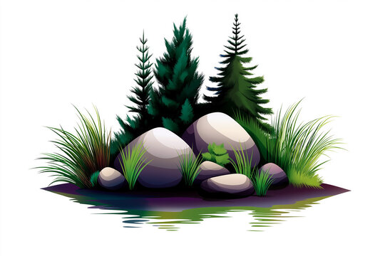 Serene wetland with rocks and trees - Powered by Adobe