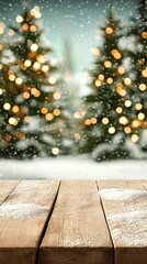 A festive Christmas card image featuring a wooden table top in the foreground and blurred, illuminated Christmas trees in the snowy background.