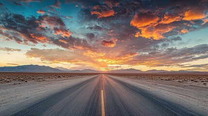 Majestic Sunset Over a Deserted Highway Remote Location Landscape Photography Natural Environment Wide-Angle View Serenity and Exploration