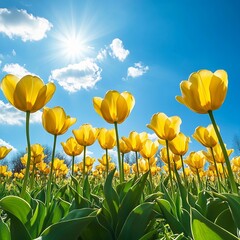 Fototapeta premium Bright yellow tulips bloom under a clear blue sky during a sunny spring day in a vibrant garden setting