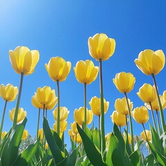 Bright yellow tulips bloom under a clear blue sky in a vibrant spring garden showcasing nature's beauty
