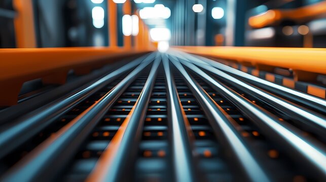 A close-up view of parallel metal tracks, illuminated by soft lighting, showcasing a modern industrial environment.