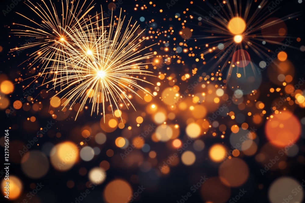 Poster bright fireworks and glowing bokeh lights on dark background concept.
