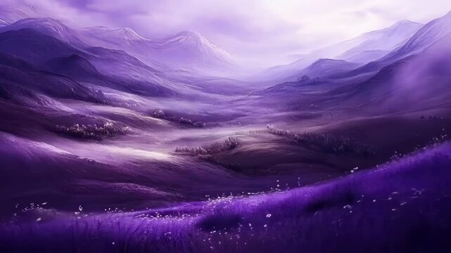 Serene purple landscape with rolling hills and distant mountains under a soft twilight sky