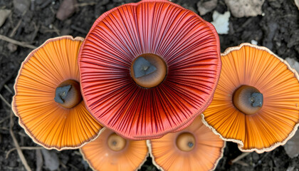 Vibrant orange mushrooms, Dark textured background, Macro photography, Gills and caps detail, Forest floor, Autumn colors, Nature close-up, Fungi cluster, Organic shapes, Earthy tones, Moody lighting,