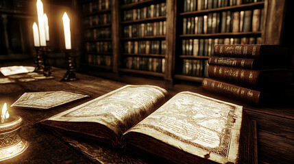 Ancient Books and Candlelight in a Cozy Library