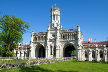 Fototapeta premium The ancient building of the railway station Novy Peterhof (1855-1857, N.L. Benua) on a sunny May day. Petrodvorets, Russia