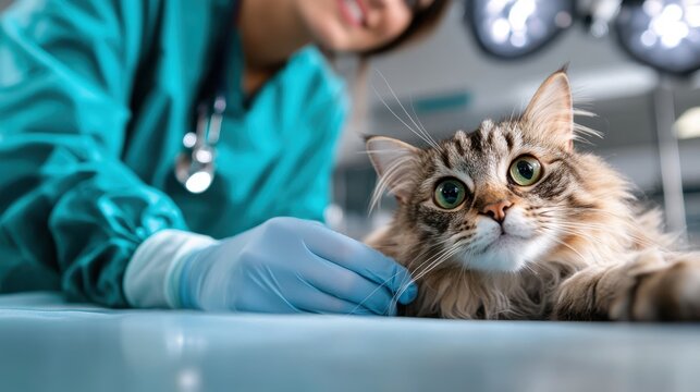 A veterinarian shows immense care while performing surgery on a cat, underlining the commitment and professionalism of animal health specialists in a sterile, focused environment.