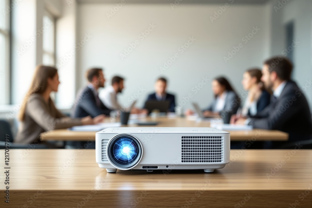 Poster close-up of projector on table in meeting room, business team in background.