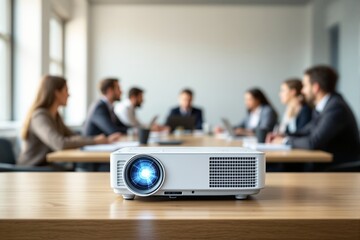 Close-up of projector on table in meeting room, business team in background.