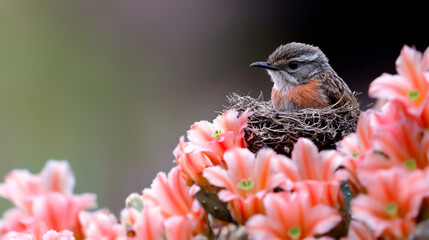 Fototapeta premium Bird sits in a nest surrounded by vibrant pink flowers in spring setting
