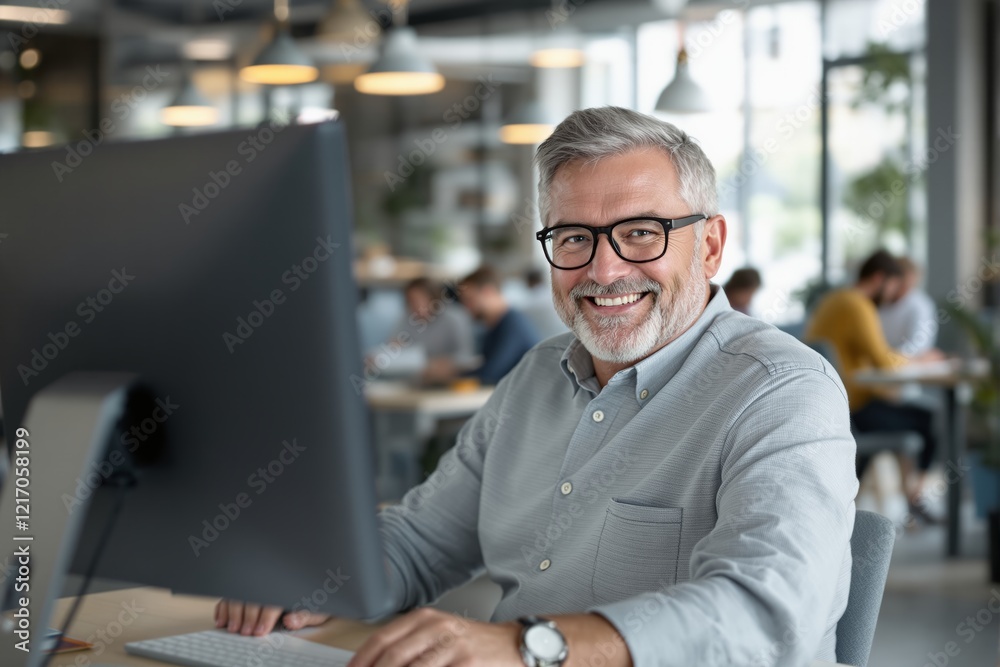 Aufkleber confident mature man smiling while working at computer in modern office environment.
