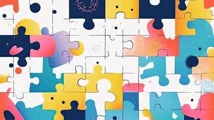 Naklejka premium Jigsaw puzzle vector, flat design, white background, colorful, 5 pieces, vector illustration, flat colors, simple shapes, 2D render, 4 colors.