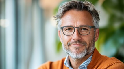 An older man with glasses relaxes in a stylish library, exuding a sense of wisdom and maturity as he enjoys a moment of contemplation surrounded by books and knowledge.
