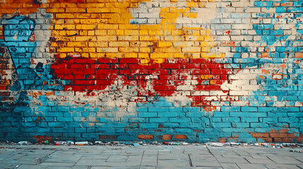 Colorful graffiti on a brick wall, urban art texture, vibrant colors, red, yellow, blue, grunge background