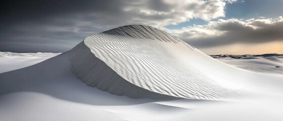 Naklejka premium A serene landscape showcasing a large sand dune under a dramatic sky, with intricate patterns on the surface and soft lighting enhancing the scene's beauty.