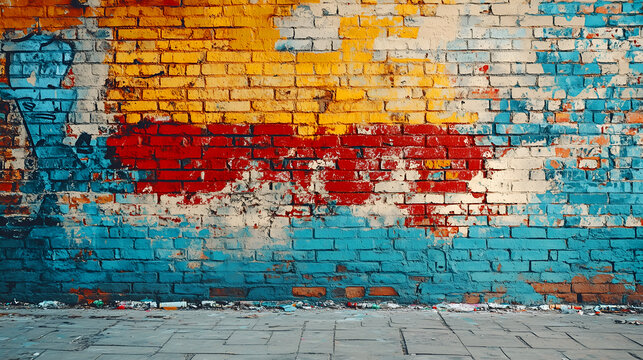 Fototapeta Colorful graffiti on a brick wall, urban art texture, vibrant colors, red, yellow, blue, grunge background