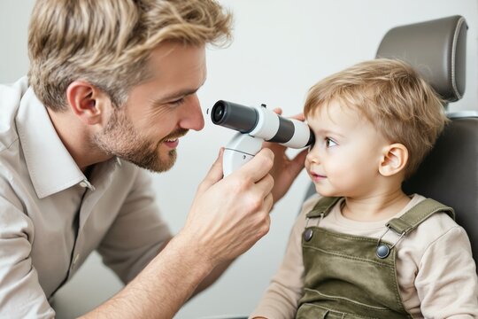 Male doctor examining young child's eye using ophthalmoscope in bright medical office background.