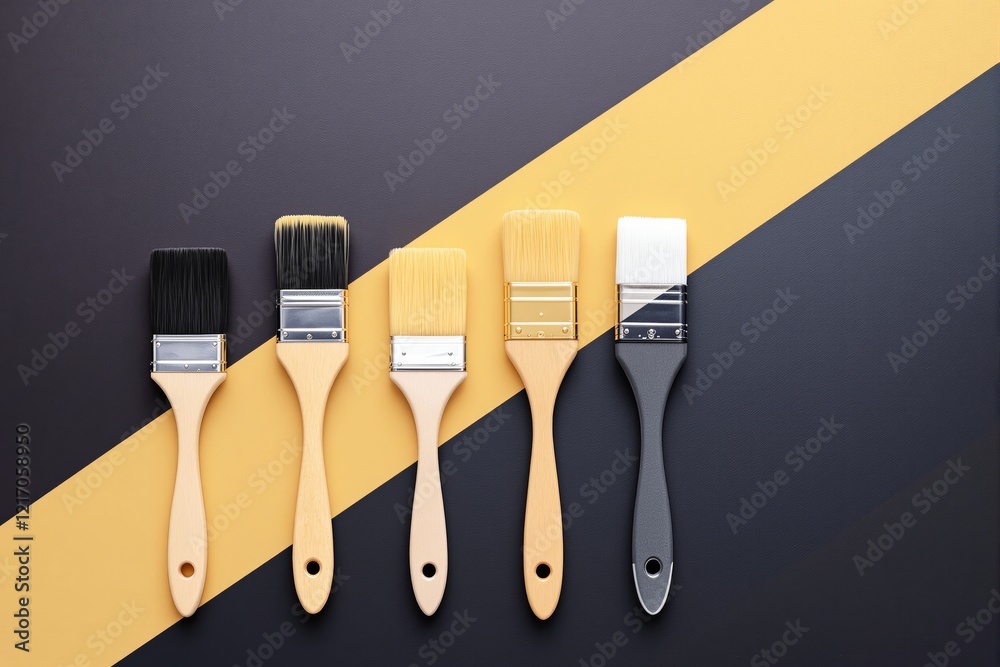 Poster paintbrushes arranged on a dark and yellow diagonal background.