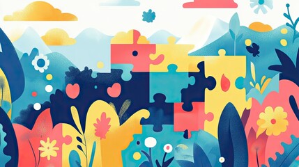 Fototapeta premium Jigsaw puzzle vector, flat design, white background, colorful, 5 pieces, vector illustration, flat colors, simple shapes, 2D render, 4 colors.