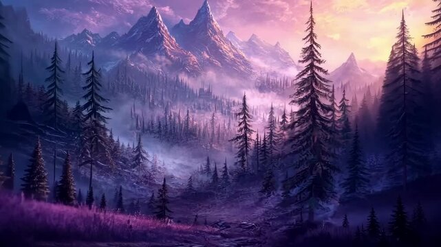 Serene mountain landscape at sunset with vibrant colors, misty valleys, and lush pine forests
