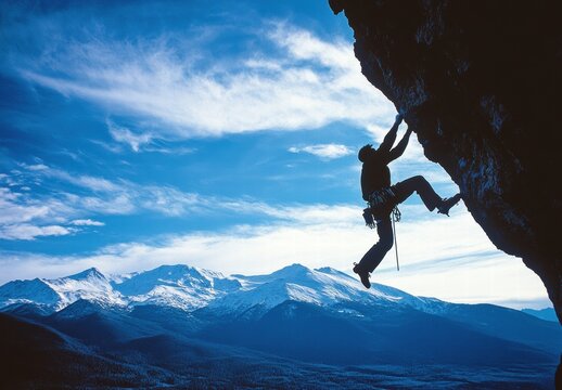 A man is climbing a mountain with a blue sky in the background