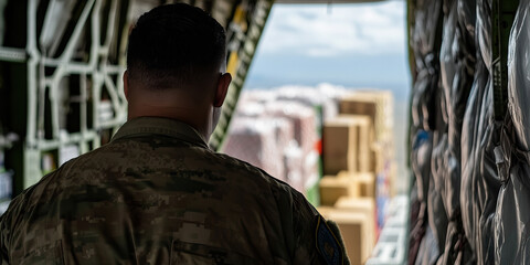 Military Personnel Observing Cargo in Aircraft Bay