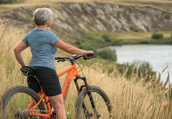 Fototapeta premium A woman is riding a bike on a grassy hill