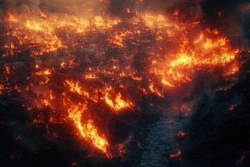 A large fire is burning in the open field