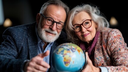 A creative elderly couple points at a globe while sharing a smile, depicting their shared interests and dreams of exploring the world together.