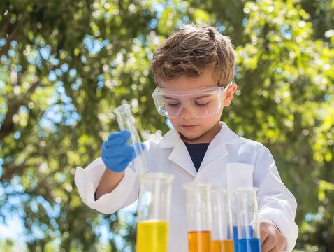 He is wearing safety goggles and gloves, and the scene is set in a park