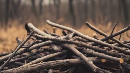 Pile of Twigs and Branches in a Forest Clearing Surrounded by Bare Trees and Dry Grass