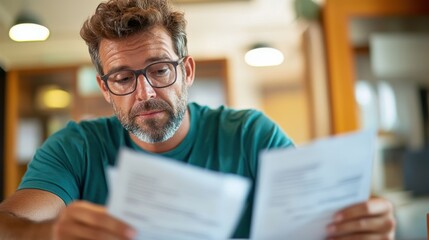A focused man examines important documents, displaying a serious demeanor in an office setting, reflecting on decision-making and the weight of responsibility in his work.