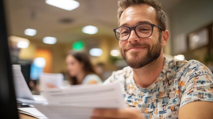 Obraz premium A cheerful man grins while holding documents, surrounded by a vibrant workspace and natural lighting that enhances his positive demeanor in a collaborative setting.