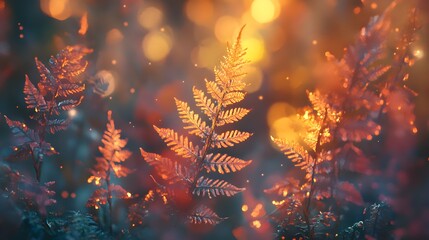 Fototapeta premium Warm Sunset Gradient with Detailed Ferns in Photorealistic Style