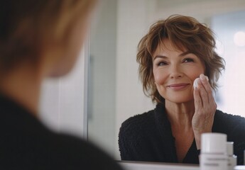 A woman is applying makeup in front of a mirror
