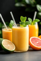 A vibrant arrangement of fresh fruit and vegetable smoothies garnished with mint leaves. The focus is on a yellow smoothie with citrus fruits and greenery in the background.