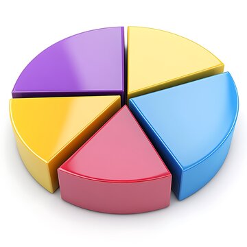 A colorful pie chart with five different colored segments: purple, yellow, pink, blue, and a portion of a green segment.
